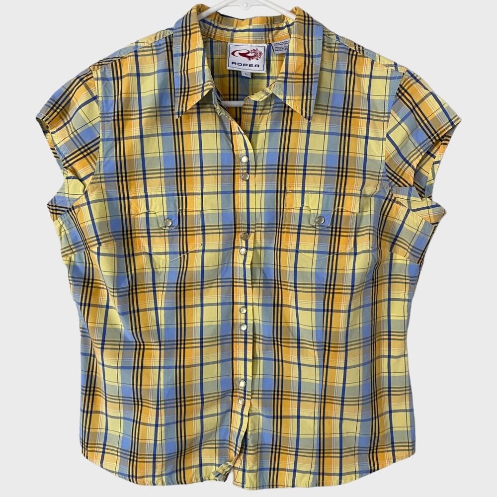 Roper Western Pearl-Snap Plaid Shirt Yellow Women's Large Button-Up Cap-Sleeve